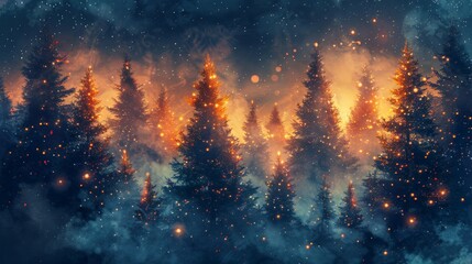 Enchanting image featuring a dense forest of pine trees illuminated by ethereal twinkling lights amid a dusky, atmospheric backdrop, conveying a sense of magic