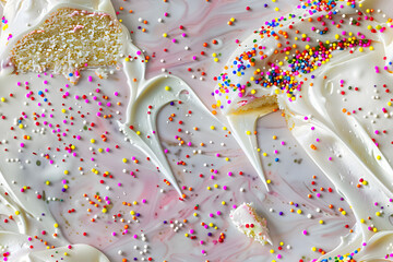 A white frosted cake with sprinkles on it. The cake is decorated with a lot of sprinkles and has a very colorful and festive appearance