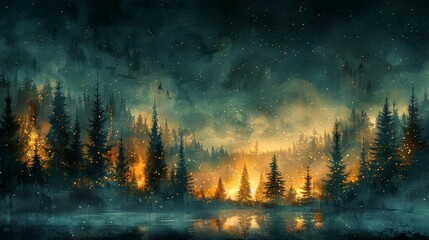 Enchanting image featuring a dense forest of pine trees illuminated by ethereal twinkling lights amid a dusky, atmospheric backdrop, conveying a sense of magic - obrazy, fototapety, plakaty