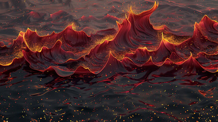 Maroon and red abstract flames with gold on a grey shoreline.