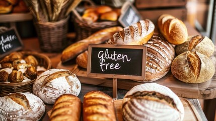 A table full of breads with a sign that says gluten free. The breads are arranged in baskets and on a wooden board. Generative AI.
