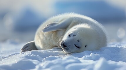 Fototapeta premium A baby seal rests atop a mound of snow, adjacent to its mother, also settled on a bed of snow