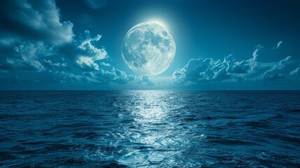Naklejka na ściany i meble Full moon over tranquil water, clouds scattering in blue-tinted sky