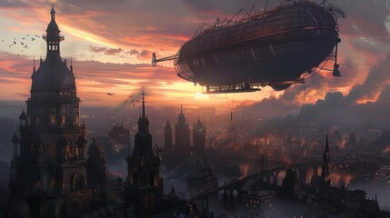 steampunk airship soaring over a victorian city at sunset digital art illustration - obrazy, fototapety, plakaty