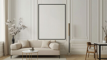 Modern interior of the living room in light colors, there is an empty poster frame on one wall with black edges standing against the background of white walls 