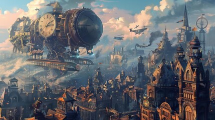 steampunk city with a giant clockwork mechanism and airships digital painting illustration