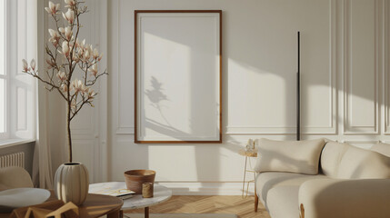 Modern interior of the living room in light colors, there is an empty poster frame on one wall with black edges standing against the background of white walls 