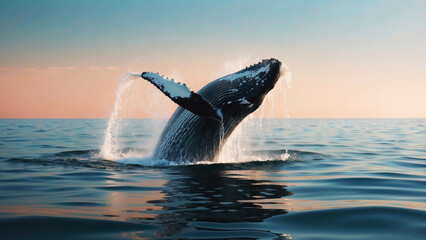 A magnificent humpback whale jumps over the water in close-up, showing its imposing size and strength. The vibrant blue of the ocean highlights its natural beauty.