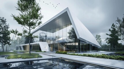 Obraz premium modern architectural design with glass facades and geometric shapes 3d visualization