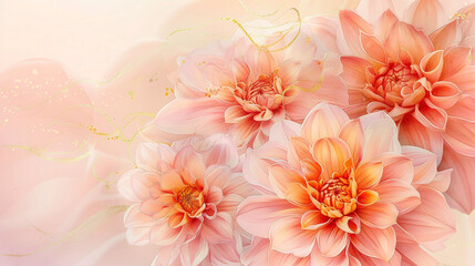 Salmon pink and dusty rose watercolor dahlias, gold accented sunset glow.