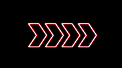Red color neon arrows on a black background. neon light right arrows. Set of glowing neon arrows....