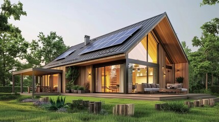 modern house with solar panels on roof sustainable and clean energy at home ecofriendly architecture 3d rendering