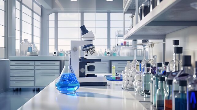 modern laboratory workplace interior with scientific equipment and experiments realistic 3d illustration