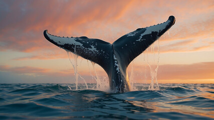 A majestic humpback whale raises its powerful tail above the ocean water, creating an impressive...