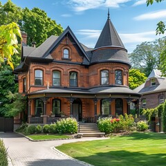 Fototapeta na wymiar Traditional Grandeur: Victorian Brick House with Tiled Roof and Pruned Shrubs