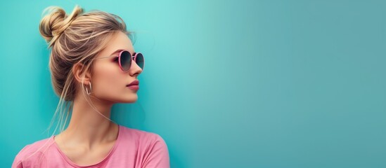 Fashion portrait of young beautiful woman in sunglasses on blue background.