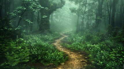 mysterious dark green path in enchanted fantasy forest with muddy trail and foggy atmosphere magical fairy tale setting illustration - obrazy, fototapety, plakaty