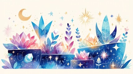 Dreaming Children Surrounded by Sparkling Floral Wonderland in Watercolor Nightscape