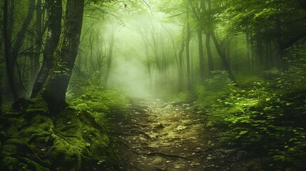 mysterious dark green path in enchanted fantasy forest with muddy trail and foggy atmosphere magical fairy tale setting illustration