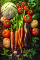 anime art of fresh tomatoes, carrots, cabbage, potatoes, zucchini, onions, green onion, garlic, cucumbers, eggplant, celery, parsley on soil 