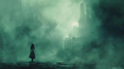 mysterious steampunk woman walking through thick fog surreal fantasy scene moody atmosphere digital art illustration