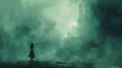 Obraz premium mysterious steampunk woman walking through thick fog surreal fantasy scene moody atmosphere digital art illustration