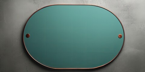 Teal large metal plate with rounded corners is mounted on the wall. It is a 3d rendering of a blank metallic signboard