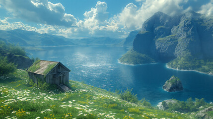 a scene of a lonely, tiny wooden house on a island surrounded by a lot o grass and hills - obrazy, fototapety, plakaty