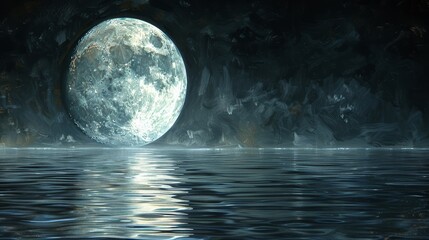   A painting of a full moon mirrored on a tranquil body of water