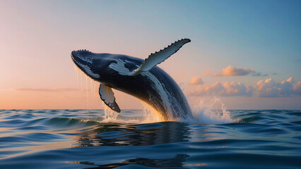 Jumping humpback whale over water.  At sunset. 