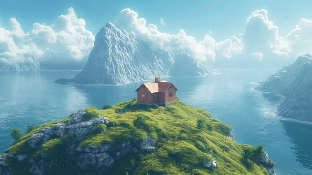 a scene of a lonely, tiny wooden house on a island surrounded by a lot o grass and hills