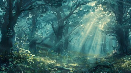 mystical misty forest with sunbeams filtering through trees atmospheric digital painting - obrazy, fototapety, plakaty