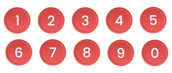 Set of phone numbers button.  Set of numbers 0 to 9 in red circle. Number circles set 0 to 9 icon for education and UI/UX design. Safe lock pin code number symbols.