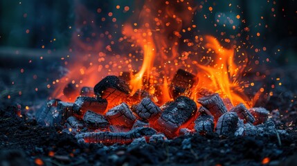 Close-up view of a fire with bright, intense flames - obrazy, fototapety, plakaty