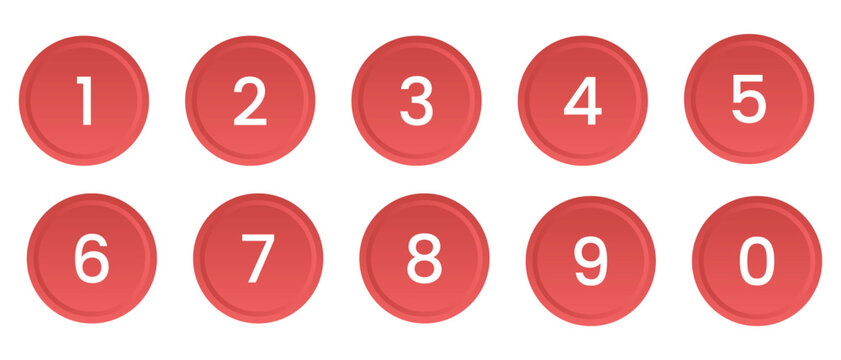 Set of phone numbers button.  Set of numbers 0 to 9 in red circle. Number circles set 0 to 9 icon for education and UI/UX design. Safe lock pin code number symbols.