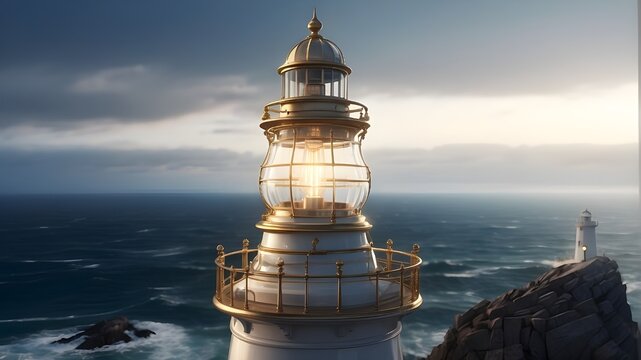 A photorealistic image of a large glass lamp atop a lighthouse, shining brightly against the backdrop of the sea. The scene captures the intricate details of the lamp's glass structure, the reflection