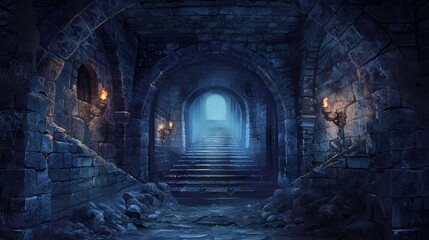 ominous medieval castle dungeon interior stone walls torches night darkness symmetrical staircase eerie atmosphere digital painting
