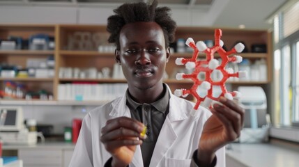 African-American Scientist Examining Molecular Model in Laboratory - Powered by Adobe