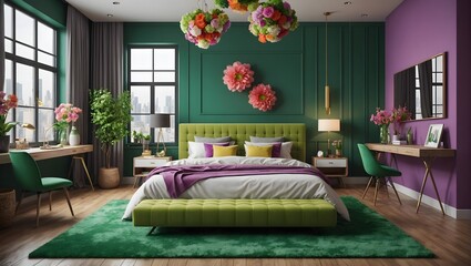 futuristic green city loft bedroom.   earth tone furnishings.  colorful flowers,  upscale girly furniture