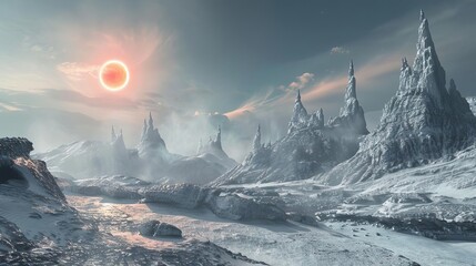 otherworldly alien planet landscape with glowing sun mountains and surreal rock formations science fiction concept art
