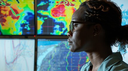 Climate Scientist Analyzing Global Warming Data on Multiple Screens