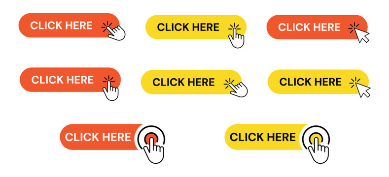 Set of 'Click Here' Buttons with Mouse Cursor Icon: Isolated on White Background
