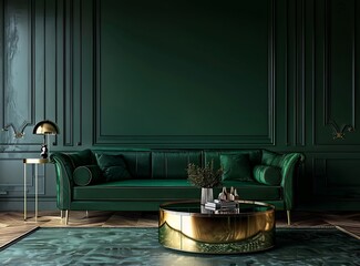 Luxurious dark green living room interior with velvet sofa