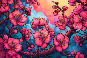 clean crisp line art, colored illustration. springtime,pink by sakura,red by plum blossom