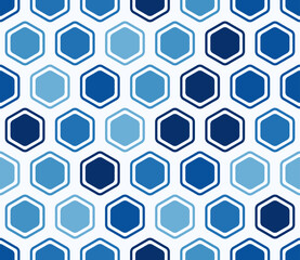Abstract template background. Bold rounded hexagons mosaic cells with padding and inner solid cells. Blue color tones. Large hexagon shapes. Seamless pattern. Tileable vector illustration.