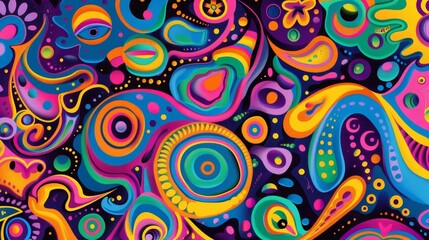 psychedelic abstract pattern with colorful spirals and geometric shapes 1960s hippie style digital art - obrazy, fototapety, plakaty