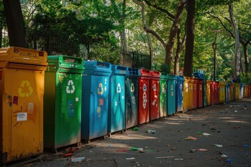 Colorful recycling bins in city park, promoting eco-consciousness and responsible waste management. - obrazy, fototapety, plakaty