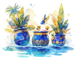 Lapis Lazuli Luau Whimsical Watercolor of Tropical Potted Plants by the Lagoon - obrazy, fototapety, plakaty