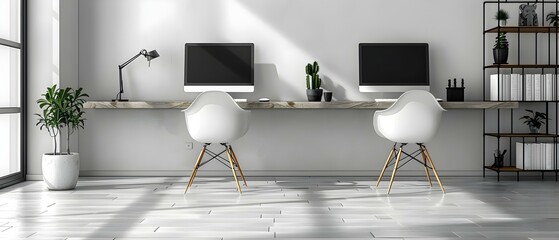 Elegant Office Essentials: Sleek Desks and Comfy Chairs. Concept Office Decor, Interior Design, Workspace Inspiration