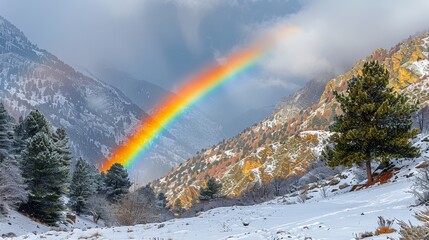   A rainbow shine vividly in the sky over snow-capped mountains, dotted with pine trees in the foreground